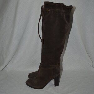Sz 37 6.5 Tila March Dark Brown Suede Pull On Drawstring Detail 3.5" Heels Boots